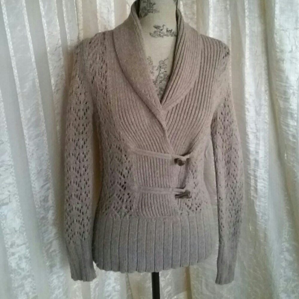 Vintage Old Navy Lambswool Angora Blend Open Knit Toggle Sweater Small Beige